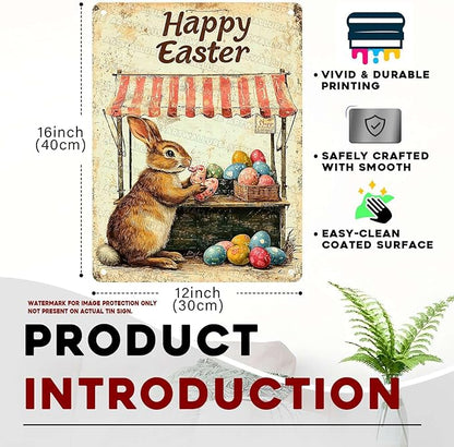 Metal Tin Sign Happy Easter Bunny Signs Vintage Wall Art Decor For Backyard Home Living Room Easter Garden Vintage Wall 12x16Inch