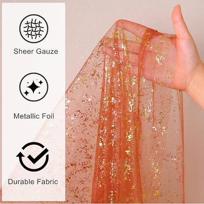 Snowkingdom 10 FT Fall Thanksgiving Table Runner Terracotta Gold Table Runner Burnt Orange Rust Sheer Chiffon Gauze Cheesecloth Golden Sequin Metallic Boho Table Decorations for Wedding Birthday