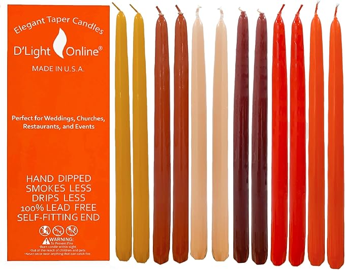 D'light Online Elegant 10" Seasonal Fall Taper Candles Premium Quality - Unscented, Hand-Dipped, Dripless and Smokeless - Set of 12 (12 Inch, Autumn Foliage)