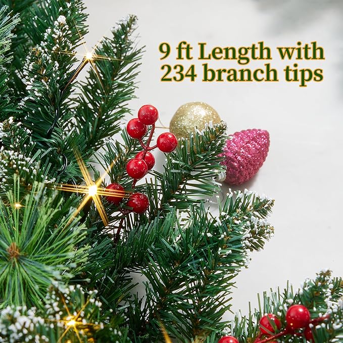 Christmas Garland with Lights, Battery Powered 8 Lighting Modes, 9FT 50 LED Luminous Christmas Decorations Indoor Home Decor.