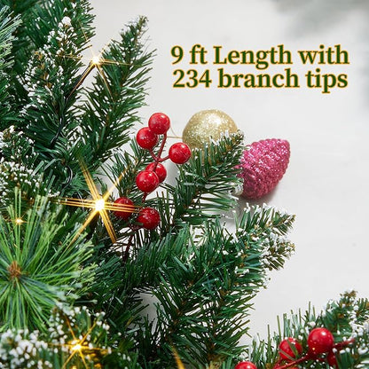 Christmas Garland with Lights, Battery Powered 8 Lighting Modes, 9FT 50 LED Luminous Christmas Decorations Indoor Home Decor.
