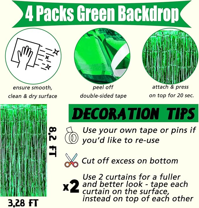 4 Pack Green Fringe Curtain Backdrop, 3.2Ft x 8.2Ft Metallic Tinsel Foil Fringe Streamers Background for Photo Booth Birthday Wedding Baby Shower Carnival Easter Mother’s Day Party Decorations