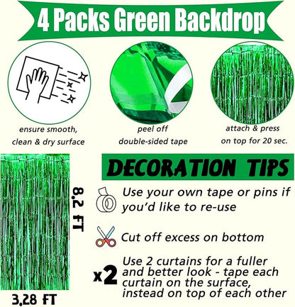 4 Pack Green Fringe Curtain Backdrop, 3.2Ft x 8.2Ft Metallic Tinsel Foil Fringe Streamers Background for Photo Booth Birthday Wedding Baby Shower Carnival Easter Mother’s Day Party Decorations