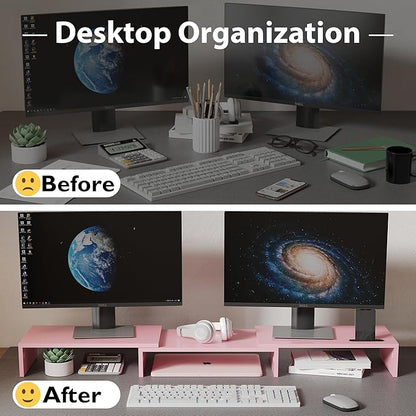BONTEC Dual Monitor Stand Riser with Smartphone Holder, Adjustable Length & Swivel Angle, Ergonomic Wooden Desktop Organizer for PC Monitor, Laptop, Printer, Large Storage, Pink