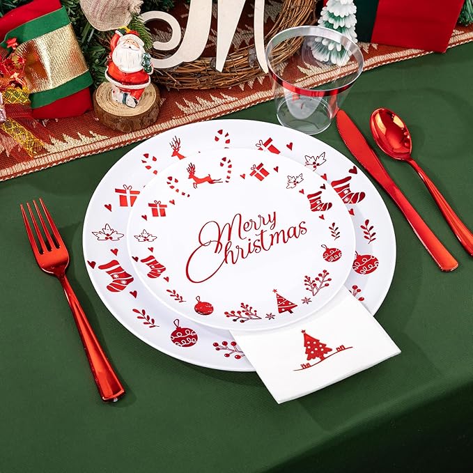Ciaell 175 Pieces Christmas Plastic Plates include 50 Red Plastic Plates, 25Knives, 25Forks, 25Spoons, 25cups, 25Napkins for Christmas Party