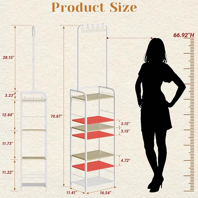 Tall Purse Organizer Stand with 3-Tier Thick Wood + 1-Tier High-Density Mesh, Adjustable Interchangeable, Slim Narrow Freestanding Handbag Rack with 5 Large & 6 Side Hooks, Closet Bag Storage White