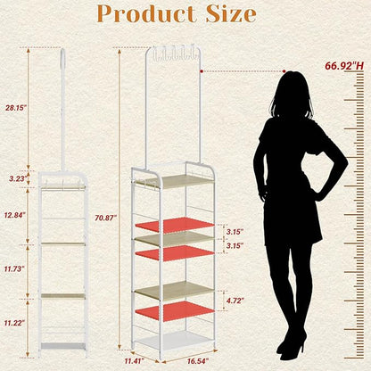 Tall Purse Organizer Stand with 3-Tier Thick Wood + 1-Tier High-Density Mesh, Adjustable Interchangeable, Slim Narrow Freestanding Handbag Rack with 5 Large & 6 Side Hooks, Closet Bag Storage White