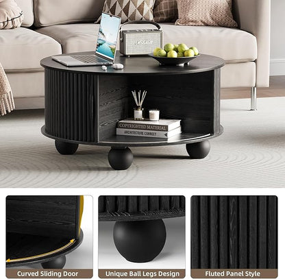 Black Round Coffee Table with Storage, 31.5" Fluted Drum Center Table with Sliding Door, Modern Farmhouse Wood Circle Table with Bun Feet for Living Room