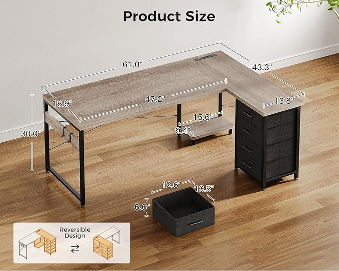 AODK L Shaped Gaming Desk with 4 Drawers, 61" Reversible Home Office Desks with Power Outlets, L Shaped Computer Desk with USB Charging Port and Host Stand, Corner Desk, Easy to Assemble, Grey