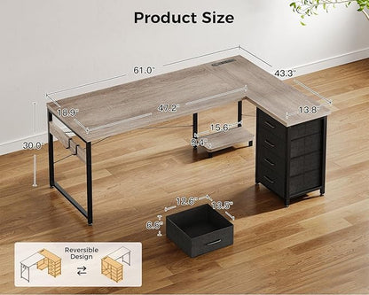 AODK L Shaped Gaming Desk with 4 Drawers, 61" Reversible Home Office Desks with Power Outlets, L Shaped Computer Desk with USB Charging Port and Host Stand, Corner Desk, Easy to Assemble, Grey