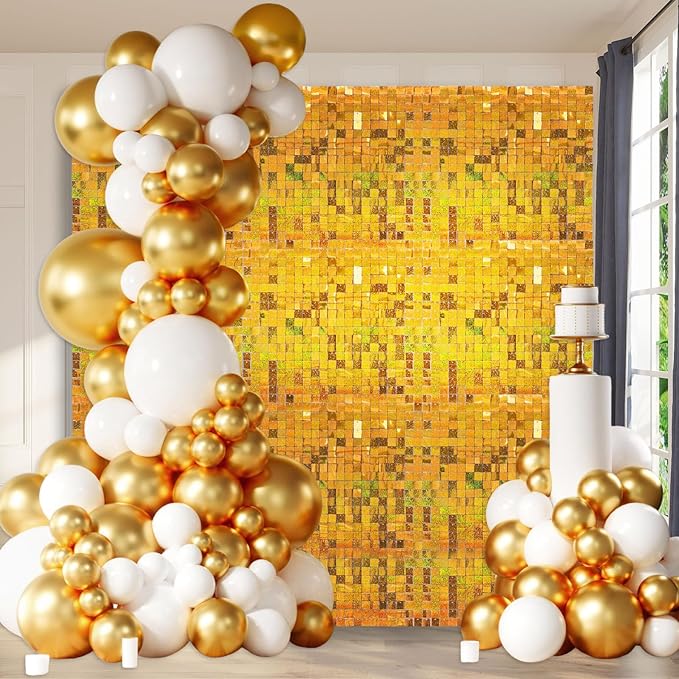 48 PCS Gold Shimmer Wall Backdrop, Laser Square Sequin Photo Backdrops Panel, Glitter Wall Background for Birthdays, Weddings, Halloween, Engagements, Disco Bachelorette Party Decoration (6FTx8FT)