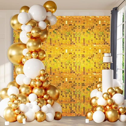 48 PCS Gold Shimmer Wall Backdrop, Laser Square Sequin Photo Backdrops Panel, Glitter Wall Background for Birthdays, Weddings, Halloween, Engagements, Disco Bachelorette Party Decoration (6FTx8FT)