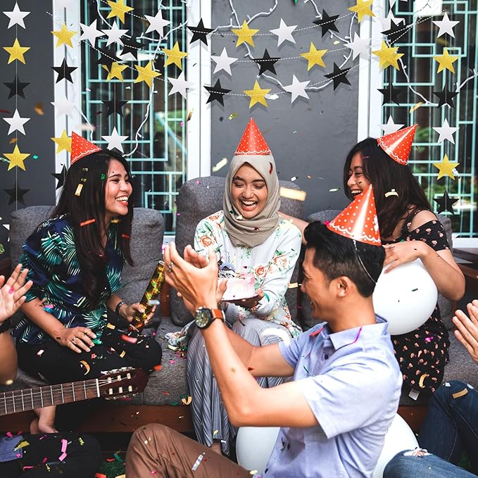 Patelai Glitter Star Garland Banner Christmas Decor 130 Feet Star Hanging Bunting Banner Twinkle Backdrop for Homecoming Classroom Wedding Birthday Halloween Party Supplies(Silver Gold Black)