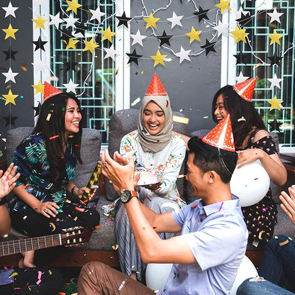 Patelai Glitter Star Garland Banner Christmas Decor 130 Feet Star Hanging Bunting Banner Twinkle Backdrop for Homecoming Classroom Wedding Birthday Halloween Party Supplies(Silver Gold Black)