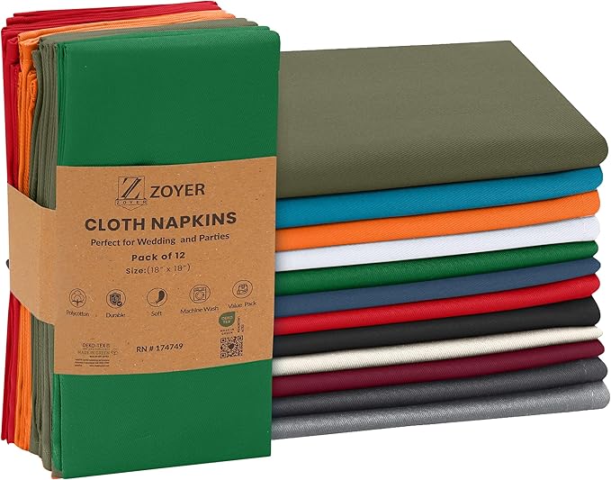 Zoyer Cloth Napkins Set of 12, 18x18 Inches Cotton Enrich Napkins Cloth ‎Washable, Soft & Durable Dinner Napkins for Parties, Wedding, Christmas, ‎Thanksgiving & Everyday Use - Mulitcolor 1 Each