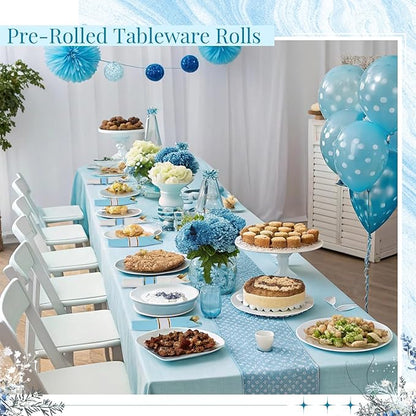 Lasnten 50 Pack Blue Pre Rolled Gold Plastic Silverware Set Disposable Wrapped Plastic Cutlery Set Include Blue and White Napkins Knives Spoons and Forks for Wedding Baby Shower Birthday Party