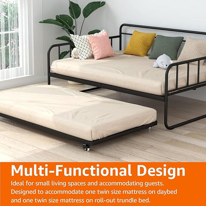 Amazon Basics Twin Daybed and Trundle Bed Frame Set, Space Saving Steel Slat Support, Easy Assembly, Twin Size, Black, 77.3 x 40 x 35.4 in