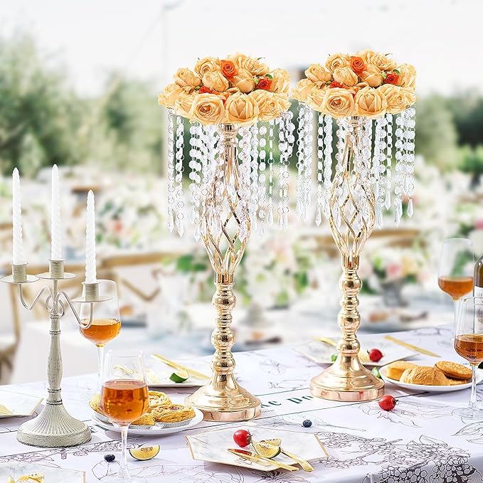 VEVOR 10PCS 55cm/21.65” Tall Crystal Wedding Flower Stand, Metal Wedding Centerpiece Vase, Gold Flower Holders Floral Display Rack for Tables Wedding Dinner Party, Ceremony Birthday Event Decor