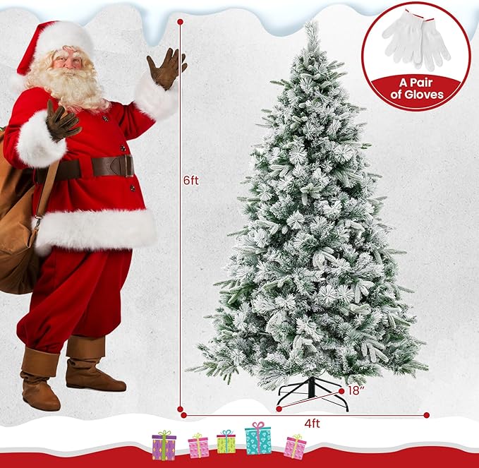 GOFLAME 6 FT Pre-Lit Christmas Tree with Pine Needles, Snow Flocked Christmas Tree with 250 Warm White LED Lights & 752 Mixed Branch Tips, Hinged Xmas Decoration Tree for Home, Office, Carnival