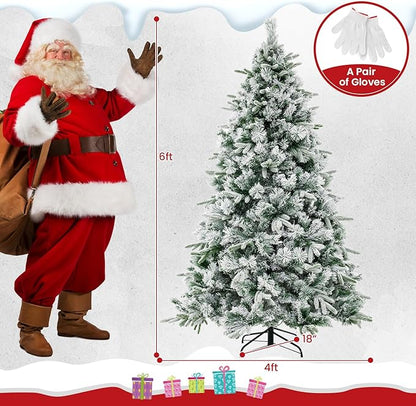 GOFLAME 6 FT Pre-Lit Christmas Tree with Pine Needles, Snow Flocked Christmas Tree with 250 Warm White LED Lights & 752 Mixed Branch Tips, Hinged Xmas Decoration Tree for Home, Office, Carnival