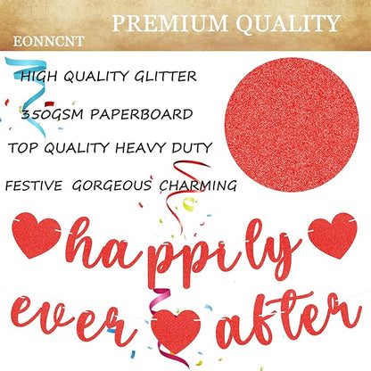 Pre-Strung Happily Ever After Banner - Red Glitter Bachelorette Bridal Engagement Party Decoration Supplies, Bachelorette Wedding Party Banner for Bridal Shower or Engagement Party Photo Booth Props