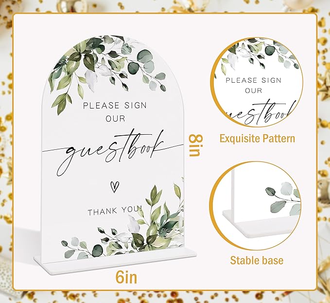 Wedding Signs for Reception, Green Leaves Please Sign Our Guestbook, Wedding Reception Signage, Bridal Shower Table Decorations with Base, Supplies for Proposal, Bridal Shower Events and Ceremony, 14
