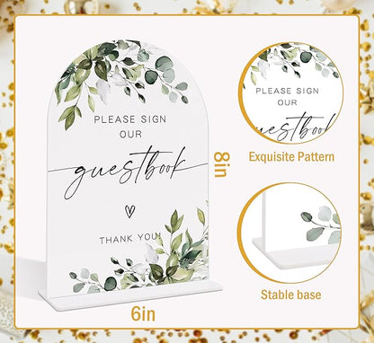 Wedding Signs for Reception, Green Leaves Please Sign Our Guestbook, Wedding Reception Signage, Bridal Shower Table Decorations with Base, Supplies for Proposal, Bridal Shower Events and Ceremony, 14