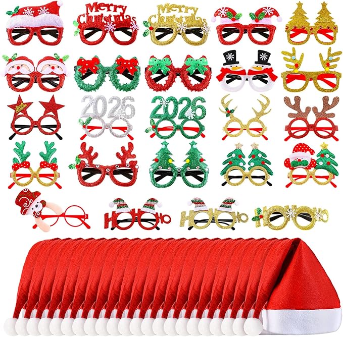Liitrsh 48 Pcs Christmas Glasses & Hats - Glitter Glasses, Santa Hat for Xmas Photo Booth Props & Holiday Favors