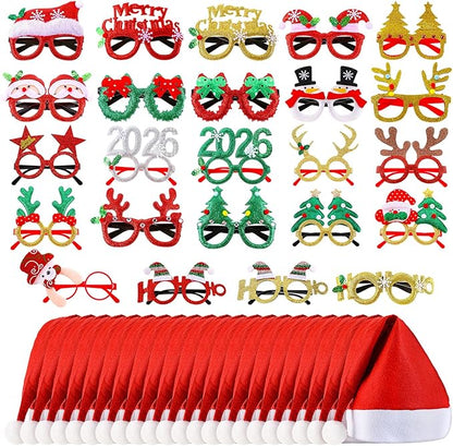 Liitrsh 48 Pcs Christmas Glasses & Hats - Glitter Glasses, Santa Hat for Xmas Photo Booth Props & Holiday Favors