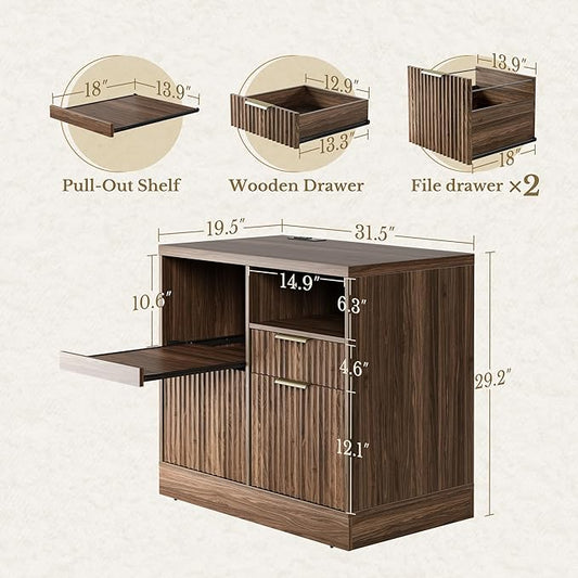 3 Drawer File Cabinet, Fluted Wood Lateral Filing Cabinet with Charging Station for Home Office, Fits for A4/Letter-Sized Files, Printer Stand with Open Storage Shelves, Black Walnut