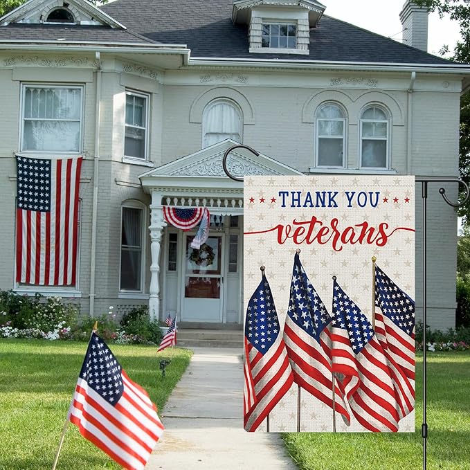 Louise Maelys Thank You Veterans Garden Flag Patriotic Veterans Day 12x18 Inch Double Sided Stars and Stripes Small Burlap Memorial Yard Flag Outside Outdoor House Decor