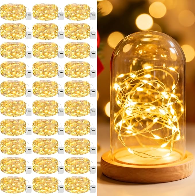 litogo 30 Pack 7FT 20 LED Fairy Lights Battery Operated, 3 Lighting Modes, Bulk Mini Twinkle String Lights Waterproof Silver Wire for Weddings Mason Jars Party Christmas Decorations-Warm White