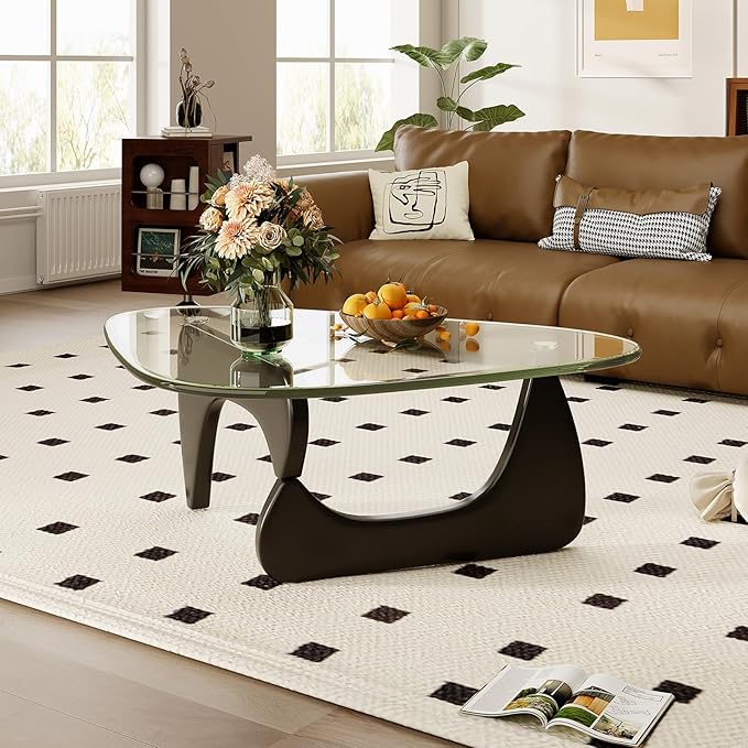 Coffee Table for Living Room Mid Century Modern Center Table with Glass Top, Black/Transparent