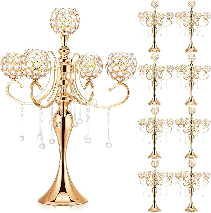 Dandat 8 Pcs 25.6'' 5 Arm Candelabra Candle Holder Centerpieces for Table Gold Crystal Candlestick Holders Tall Candle Stand for Wedding Dinner Halloween Christmas Party Decoration