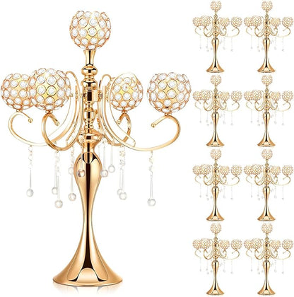 Dandat 8 Pcs 25.6'' 5 Arm Candelabra Candle Holder Centerpieces for Table Gold Crystal Candlestick Holders Tall Candle Stand for Wedding Dinner Halloween Christmas Party Decoration