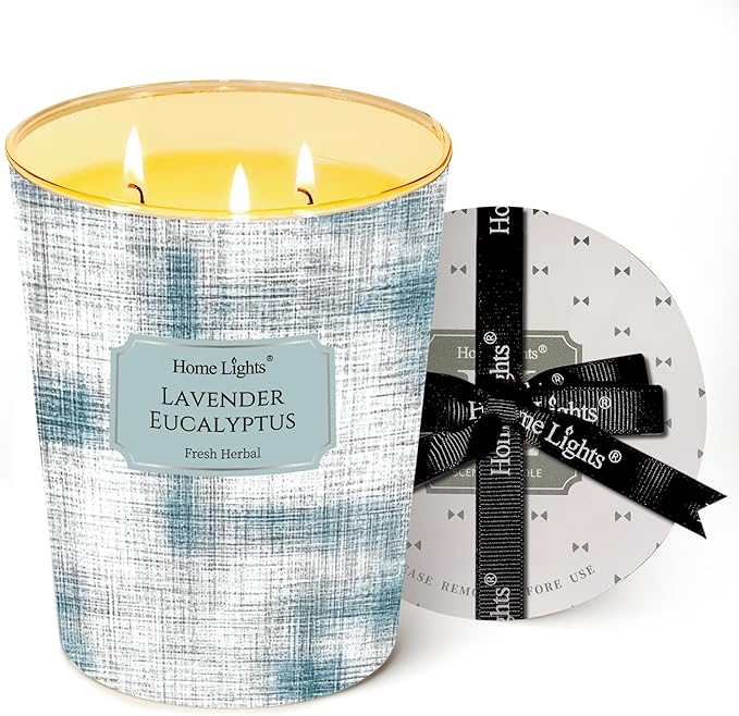 HomeLights 3-Wick Candles for Home Scented - 34oz Soy Wax Blend Candle Long-Lasting Fragrance, Scandinavian Minimalist Design Home Decor and Housewarming Gifts, Lavender Eucalyptus