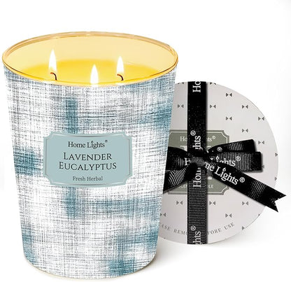 HomeLights 3-Wick Candles for Home Scented - 34oz Soy Wax Blend Candle Long-Lasting Fragrance, Scandinavian Minimalist Design Home Decor and Housewarming Gifts, Lavender Eucalyptus