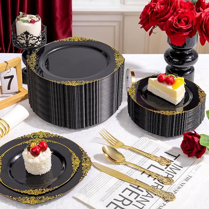 YOUBET 700PCS Black Plastic Plates - Black and Gold Plates - Gold Plastic Dinnerware Set Include 200 Disposable Plate, 300 Heavy Duty Silverware, 100 Cups, 100 Napkins for Wedding & Party New Year