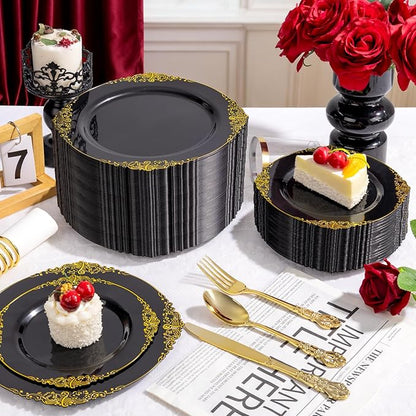YOUBET 700PCS Black Plastic Plates - Black and Gold Plates - Gold Plastic Dinnerware Set Include 200 Disposable Plate, 300 Heavy Duty Silverware, 100 Cups, 100 Napkins for Wedding & Party New Year