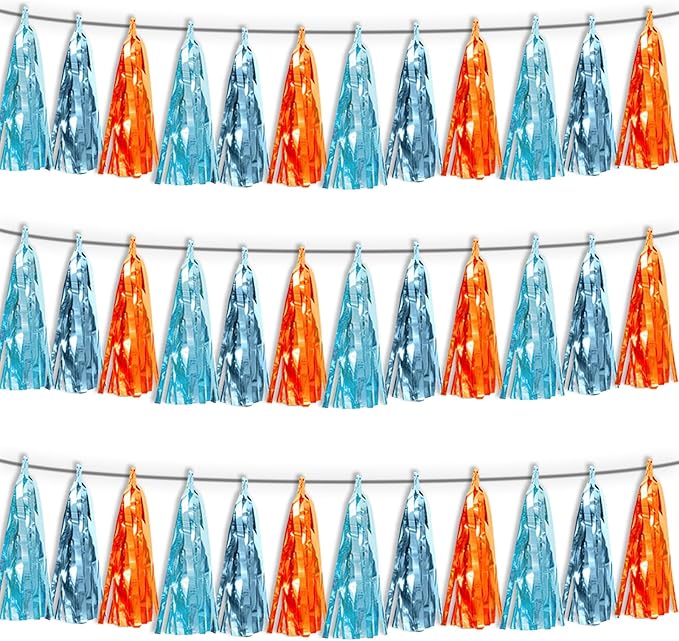 3P Lake Blue Light Blue-Orange Tassel Banner Garland Metallic Foil Fringe Banner Tinsel Tassels Streamer Banner Backdrop for Parade Floats,Graduation Decorations, Wedding Party Decoration