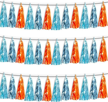 3P Lake Blue Light Blue-Orange Tassel Banner Garland Metallic Foil Fringe Banner Tinsel Tassels Streamer Banner Backdrop for Parade Floats,Graduation Decorations, Wedding Party Decoration