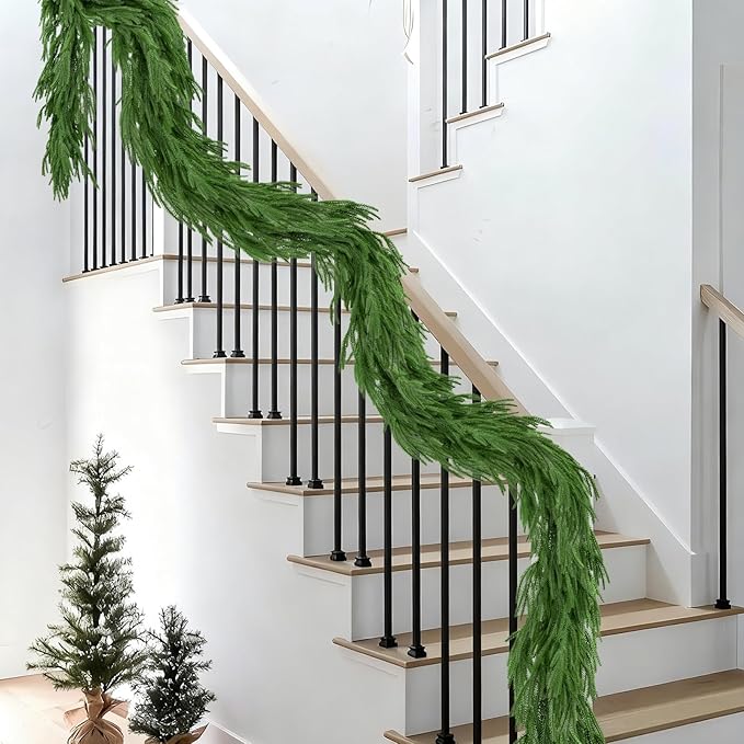2Pcs 6FT Christmas Garland Artificial Norfolk Pine Garlands Real Touch Winter Green Greenery Garland Christmas Decoration Xmas Garland for Door Table Mantle Wall Indoor Outdoor Christmas Decor