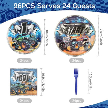 96pcs Party Plates Monster Truck Tableware Set Paper Plates Round for 24 Guests Monster Jam Disposable Party Table Supplies Kids Birthday Party Picnic (Include Plates, Forks and Napkins)