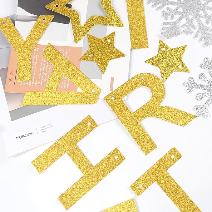 Totelux Merry Christmas Banners Decoration Glitter Star Snowflakes Sign Gold Silver Christmas Hanging Banner for Wall Home Office Holiday Party Decor Supplies