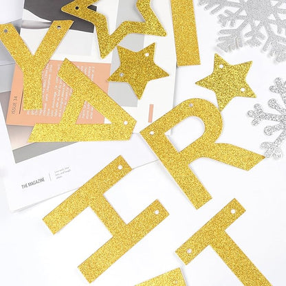 Totelux Merry Christmas Banners Decoration Glitter Star Snowflakes Sign Gold Silver Christmas Hanging Banner for Wall Home Office Holiday Party Decor Supplies