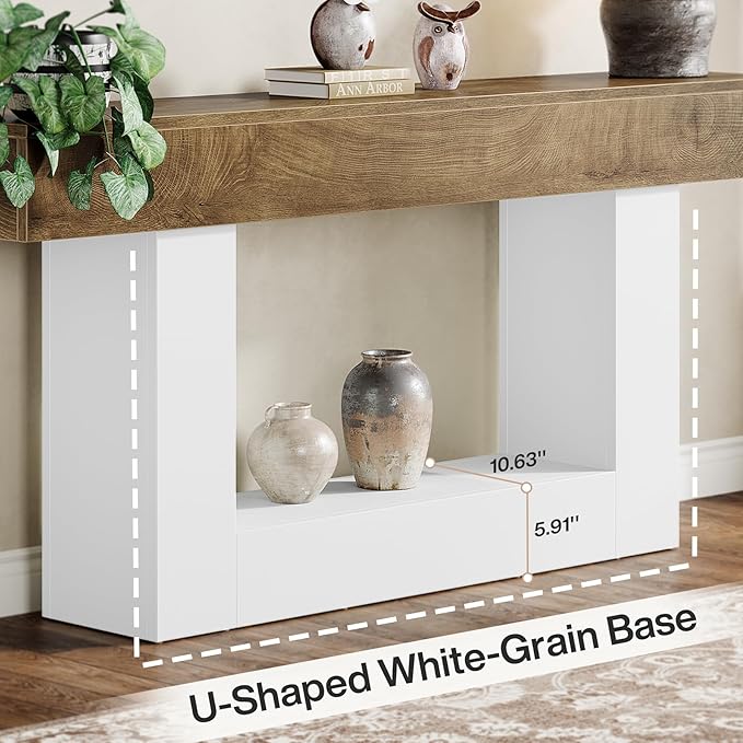 Tribesigns 63" Console Table, Farmhouse 2-Tier Entryway Table with U-Shaped Base, Narrow Long Wood Sofa Table Behind Couch Table for Living Room, Hallway, Foyer, Light Brown & White