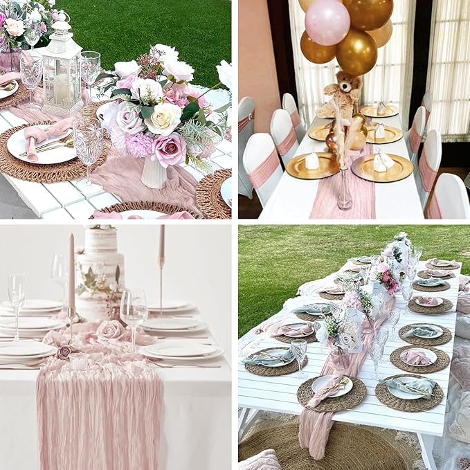 12 Pack Dusty Pink Cheesecloth Table Runner 120 Inches 10FT Sheer Pink Cheese Cloth Table Runner for Wedding Baby Shower Tea Party Boho Thanksgiving Home Decorations