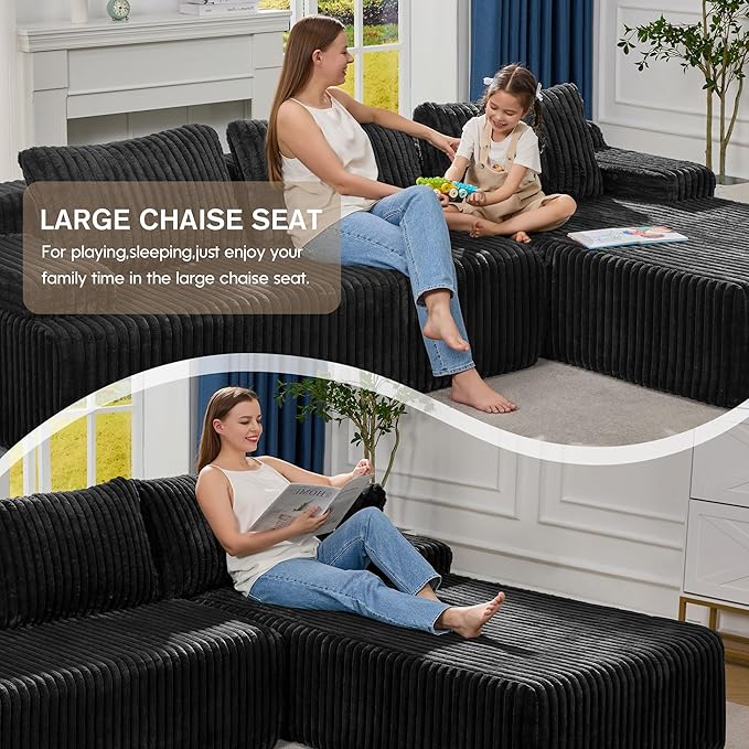 Modular Sectional Sofa Couches L-Shape Couch 3 Seat Modular Sofa Memory Foam Sectional Couches for Living Room, Cloud Couch with Oversized Chaise (Black Stripe, 108" Right Facing Chaise)
