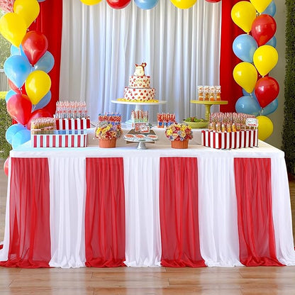 Circus Table Skirt Red White Striped Tulle Table Skirts for Rectangle Table Birthday Carnival Circus Party Decorations 9ft