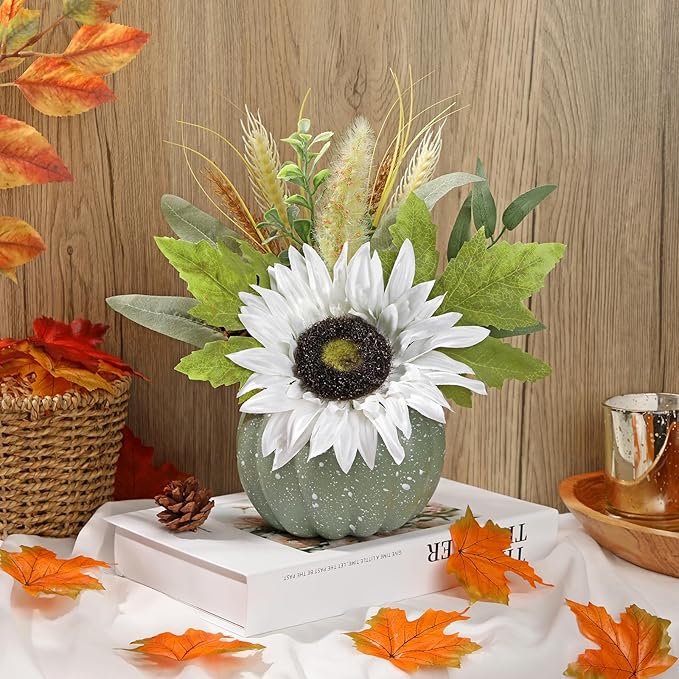 Artificial Pumpkin Floral Arrangement with White Sunflowers & Autumn Leaves – Fall Table Centerpiece for Thanksgiving, Halloween & Harvest Décor – Rustic Farmhouse Pumpkin Autumn Décor